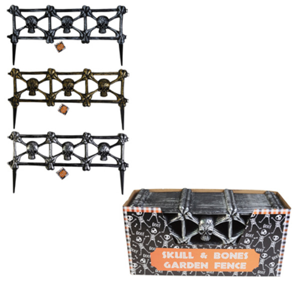 FENCE W/ SKULL HALLOWEEN 12IN H X 23IN W PLASTIC SILVER/ GOLD/ BLACK IN 24PC PDQ FENCE W/ SKULL HALLOWEEN 12IN H X 23IN W PLASTIC SILVER/ GOLD/ BLACK IN 24PC PDQ