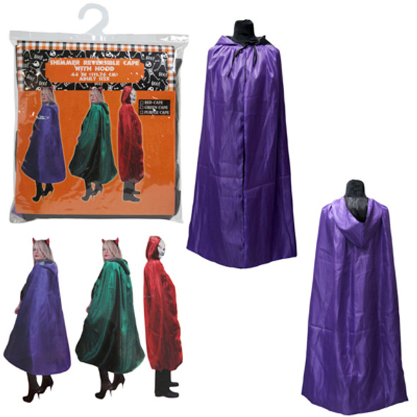 CAPE HOODED SHIMMER REVERSIBLE 3 ASST COLORS 44IN ADULT SIZE PVC BAG/ INSERT/ HANGER CAPE HOODED SHIMMER REVERSIBLE 3 ASST COLORS 44IN ADULT SIZE PVC BAG/ INSERT/ HANGER