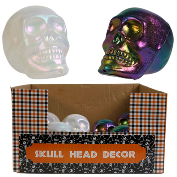 SKULL HEAD PLASTIC 4IN DECOR METALLIC/ WHITE SHIMMER/ 24PC PDQ/ HT SKULL HEAD PLASTIC 4IN DECOR METALLIC/ WHITE SHIMMER/ 24PC PDQ/ HT