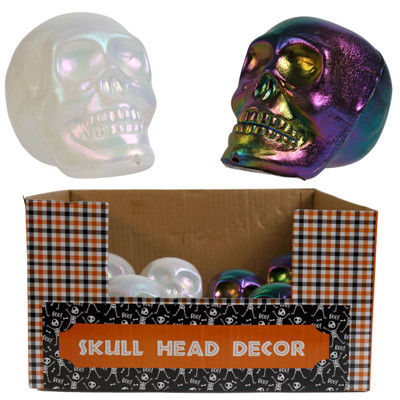 SKULL HEAD PLASTIC 4IN DECOR METALLIC/ WHITE SHIMMER/ 24PC PDQ/ HT