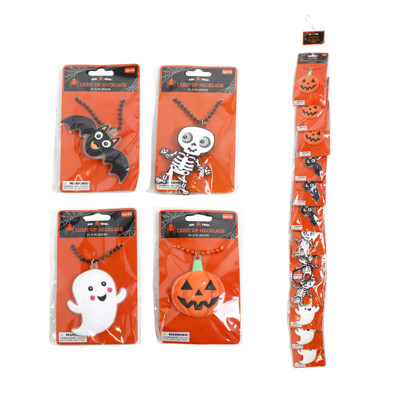 NECKLACE HALLOWEEN LED PENDANT ON BEAD CHAIN 4 ASST ON 12PC DISP STRIP