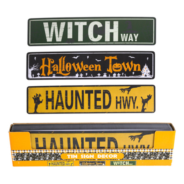 SIGN TIN HALLOWEEN PRINTED WALL DECOR 3 ASST 15X3.75IN / LABEL/ 24PC PDQ SIGN TIN HALLOWEEN PRINTED WALL DECOR 3 ASST 15X3.75IN / LABEL/ 24PC PDQ