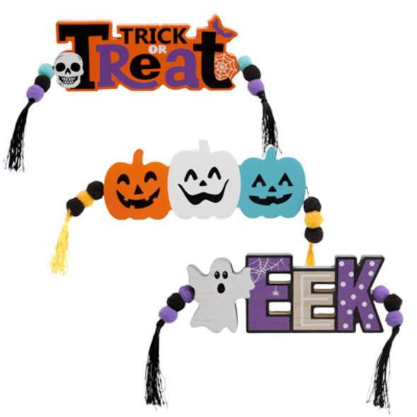 TABLE DECOR HALLOWEEN MDF 3AST W/ BEAD & TASSEL/COMPLYUPC LABEL