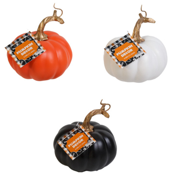 PUMPKIN POLYFOAM 4.5IN W/ GOLD STEM WTD CLRS/10-ORANGE/7- WHITE/ 7-BLACK HLWN HT