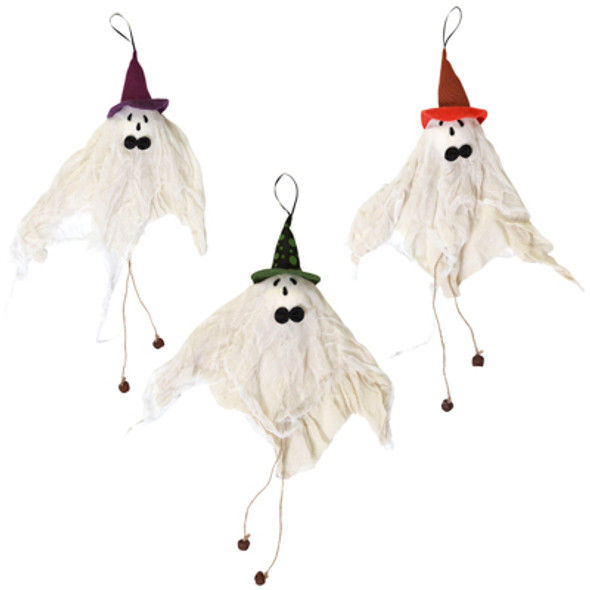 GHOST HANGING 3 AST W/ BOWTIE WITCH HAT & 2 BELLS / 16IN L APPROX HLWN / HT