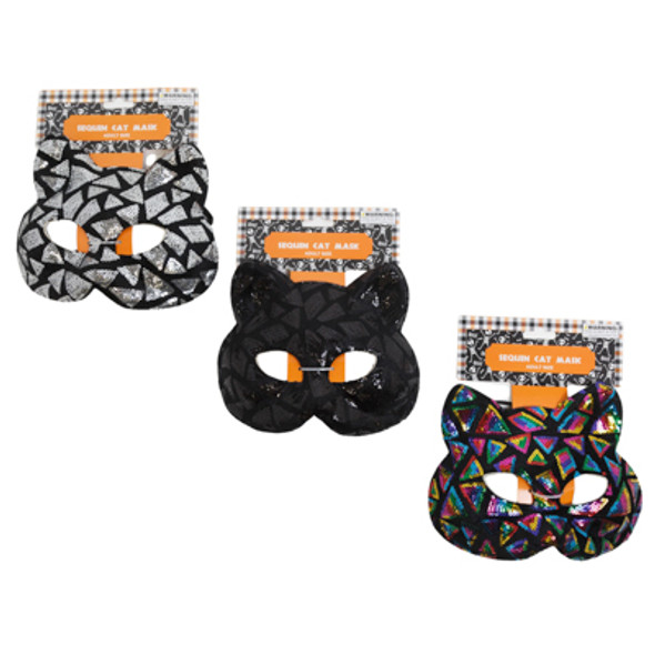 MASK SEQUIN CAT EVA 3 ASST SILVER, BLACK, MULTI ON HLWN TCD MASK SEQUIN CAT EVA 3 ASST SILVER, BLACK, MULTI ON HLWN TCD