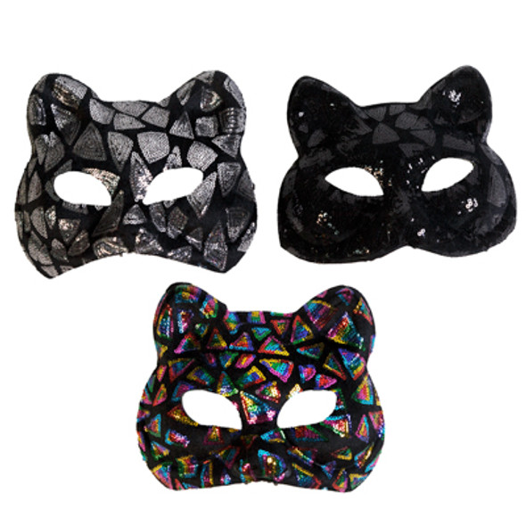 MASK SEQUIN CAT EVA 3 ASST SILVER, BLACK, MULTI ON HLWN TCD