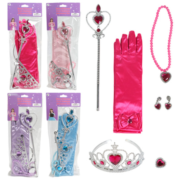 PRINCESS ACCESSORY KIT GLOVES, TIARA, WAND, EARRING, NECK OR BRACELET 4 ASST COLORS PVC BAG/ IN USE INSERT