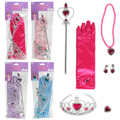 PRINCESS ACCESSORY KIT GLOVES/TIARA/WAND/EARRINGS & NECK OR BRACELET 4 ASST COLORS PBH