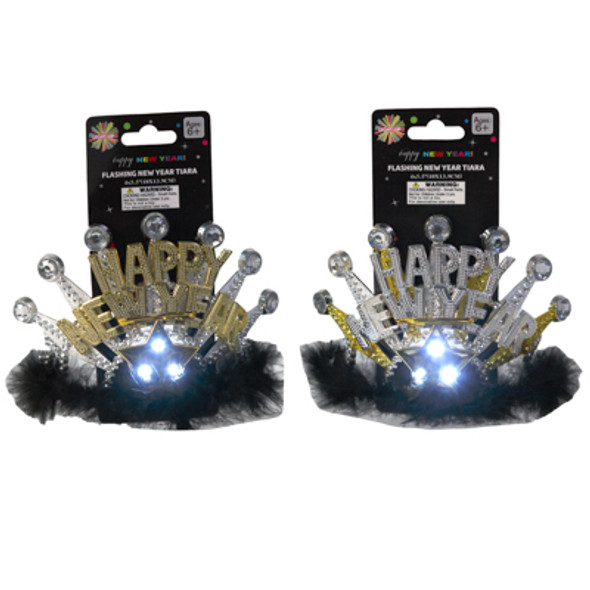 TIARA NEW YEAR LITE-UP 2 ASST GOLD/ SILV W/ BLACK FEATHER TRIM NY TCD
