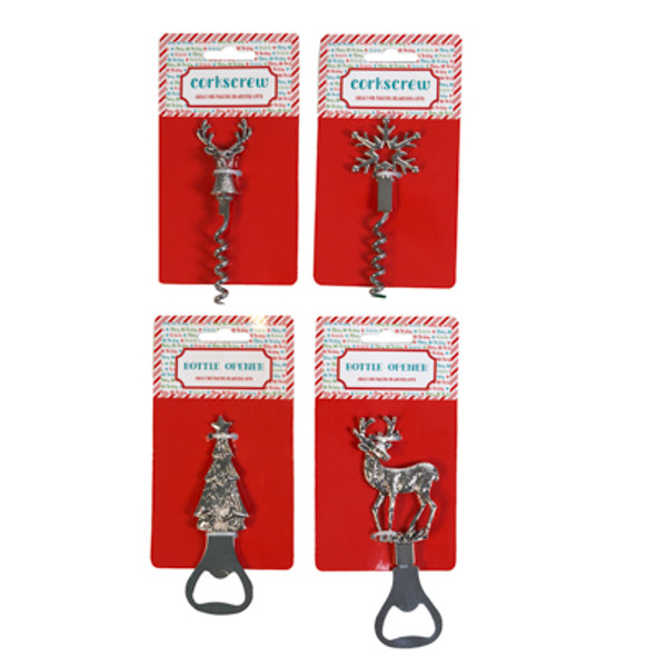 BOTTLE OPENER/ CORKSCREW CHRISTMAS 4 ASST ZINC/ SS ON 12PC MDSG STRIP / PBSLV
