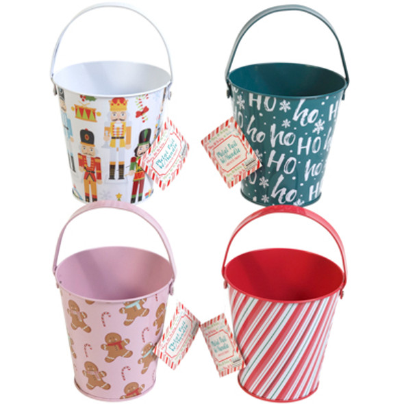 PAIL METAL CHRISTMAS 4 AST/ 4IN W/ HANDLE XMAS LABEL