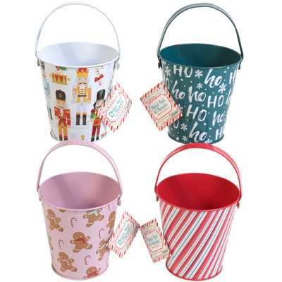 PAIL METAL CHRISTMAS 4 AST/ 4IN W/ HANDLE XMAS LABEL