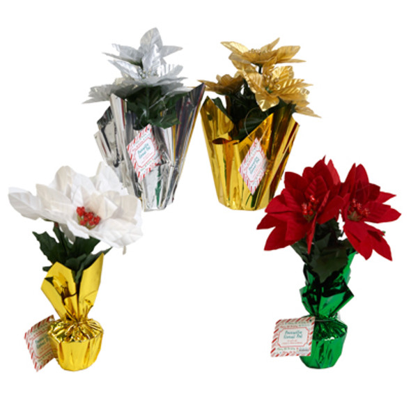 POINSETTA FLORAL POT 4 ASST / 6-7IN RED/ WHITE/ GOLD/ SILVER XMAS HT