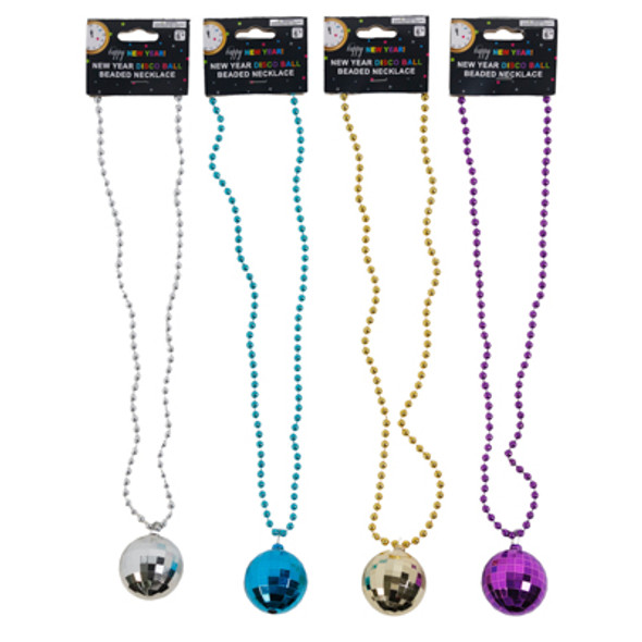 NECKLACE BEAD W/DISCO BALL NEW YEARS 4 ASST COLORS NY/ BARBELL CARD