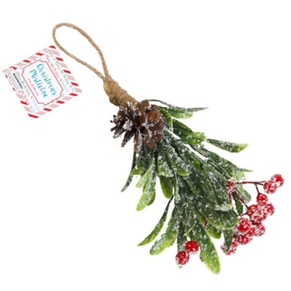 MISTLETOE HANGING DECOR 9IN W/ BERRIES & PINECONE XMAS HT