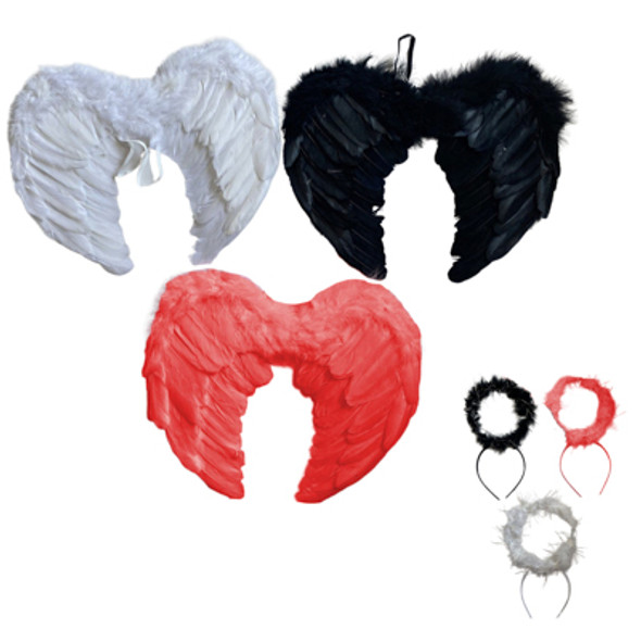 ANGEL WING & HALO SET DELUXE FEATHER 3 ASST WHITE/ BLACK/ RED 1/2 WHITE PER CASE ANGEL WING & HALO SET DELUXE FEATHER 3 ASST WHITE/ BLACK/ RED 1/2 WHITE PER CASE