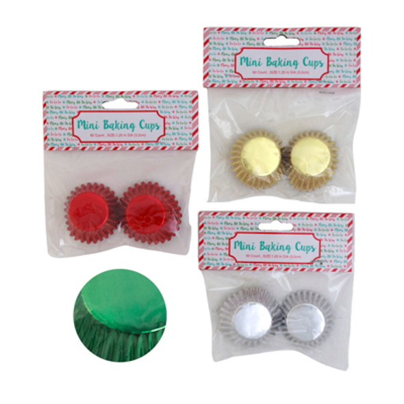 BAKING CUPS MINI FOIL 48CT 1.25IN 4 ASST COLORS GOLD/ SILV/ RED/ GREEN ON 12PC DISP STRIP XM PBH