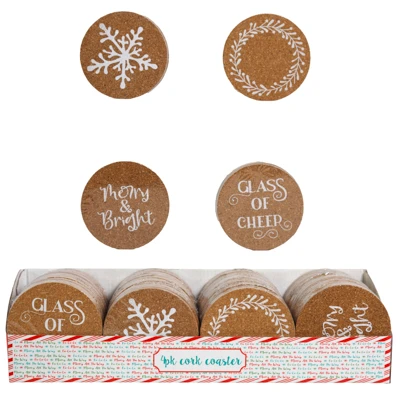 COASTER CORK 4PK 3.5IN DIA 4ASST CHRISTMAS PRINTS IN 24PC PDQ/EA SET SHRINK W/XMAS LABEL