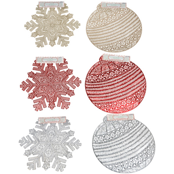 PLACEMAT DIECUT PVC SNOWFLAKE/ ORNAMENT 15-17IN EA IN SILV/ GOLD/ RED XM HDR
