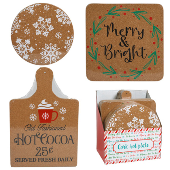 CORK HOT PLATE XMAS PRINT 3 ASST SHAPE IN 18PC PDQ