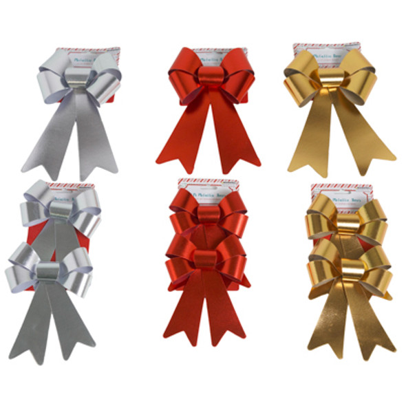 BOW METALLIC SINGLE 6X10 OR 2PK 5.5 X 8IN RED/ GOLD/ SILVER XMAS TCD