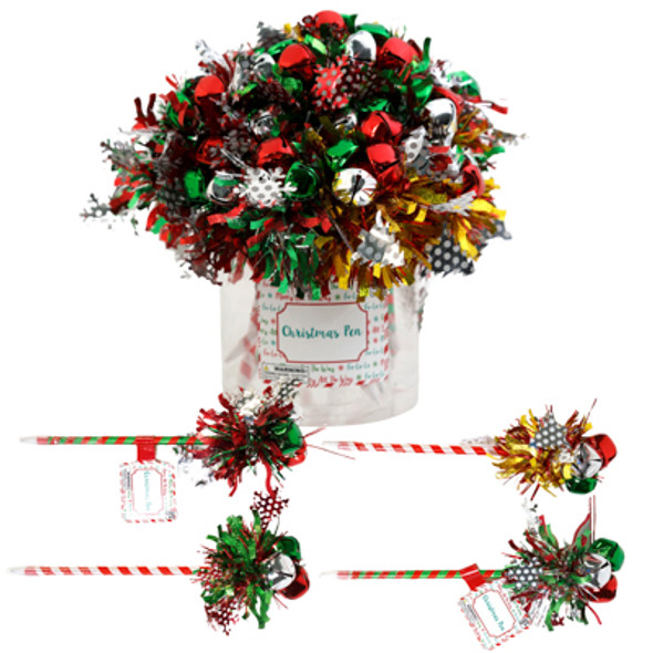 PEN CHRISTMAS JINGLE BELL W/ STRIPE BARREL TINSEL TRIM 24PC / PVC TUBE W/ GIFT TAG LABEL