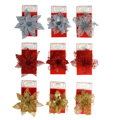 ORNAMENT GLITTER POINSETTIA PLASTIC 7IN W/ CLIP 3 ASST RED/ GOLD/ SILV XM TCD