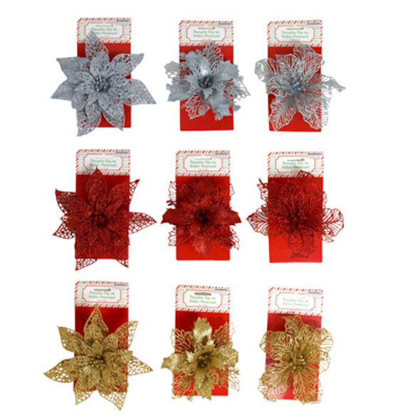 ORNAMENT GLITTER POINSETTIA PLASTIC 7IN W/ CLIP 3 ASST RED/ GOLD/ SILV XM TCD ORNAMENT GLITTER POINSETTIA PLASTIC 7IN W/ CLIP 3 ASST RED/ GOLD/ SILV XM TCD