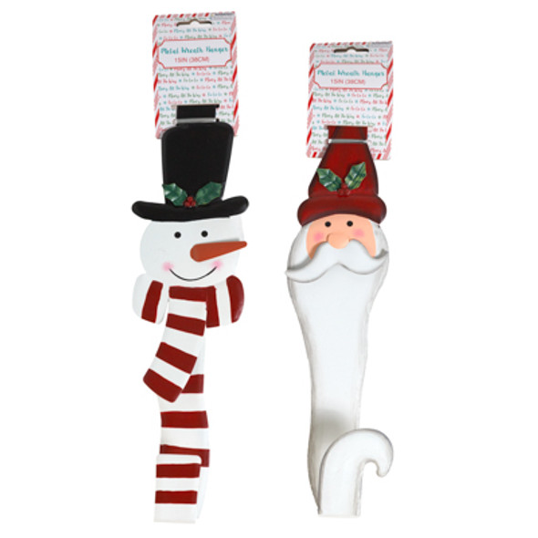 WREATH HANGER SANTA OR SNOWMAN SHAPE DIE CUT METAL 2 ASST 15IN L