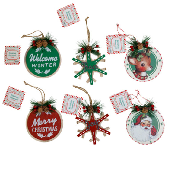 ORNAMENT 6 ASST VINTAGE-STYLE SANTA& DEER/ ROUND GREETING/ SNOWFLAKE W/ TRIM XM HT
