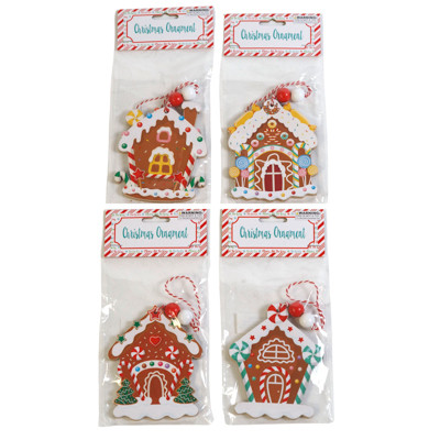 ORNAMENT GINGERBREAD HOUSE MDF 4 ASST 3.5 x 4.33IN W/ BEADED HANGER XM HDR