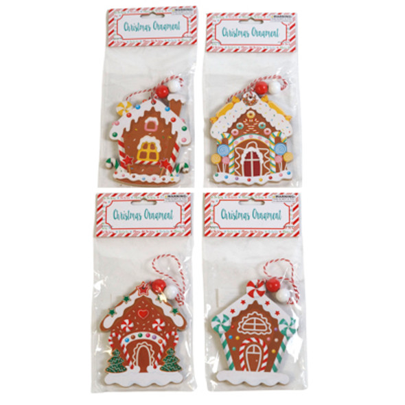 ORNAMENT GINGERBREAD HOUSE MDF 4 ASST 3.5 x 4.33IN W/ BEADED HANGER XM HDR