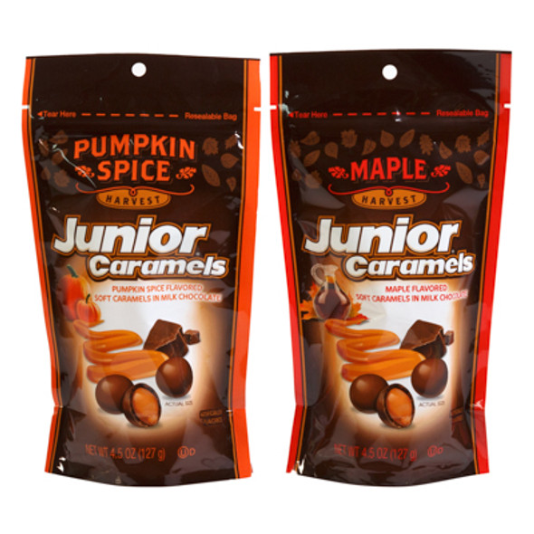 JUNIOR CARAMELS HARVEST 4.5 OZ MAPLE + PUPKIN SPICE COUNTER DISPLAY