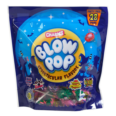 BLOW POP SPOOKTACULAR FLAVORS STAND UP BAG 15.4 OZ 28 ASSORTED POPS COUNTER DISPLAY