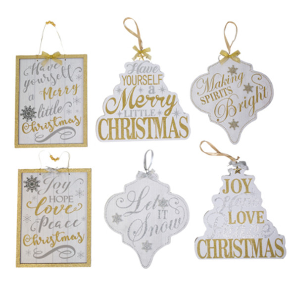 WALL PLAQUE CHRISTMAS SILV/ GOLD THEME 6 ASST GLITTERED MDF COMPLY HT