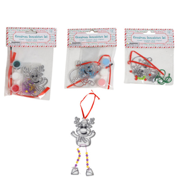 SUNCATCHER PAINT KIT CHRISTMAS W/ BEAD LEGS 3 ASST ELF/ DEER/ SNOWMAN PBH