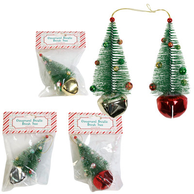 ORNAMENT BRISTLE BRUSH TREE ON JINGLE BELL BASE 5.5IN H 3 ASST XMAS PBH