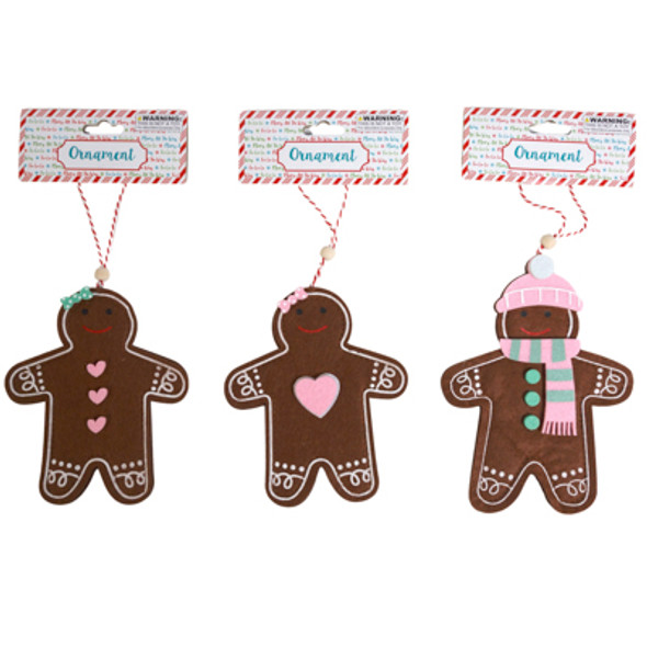 GINGERBREAD FELT ORNAMENT 3 ASST 7IN W/TIP-ON PRINT FELT ACCENTS/WOOD BEAD HANGER HDR CARD