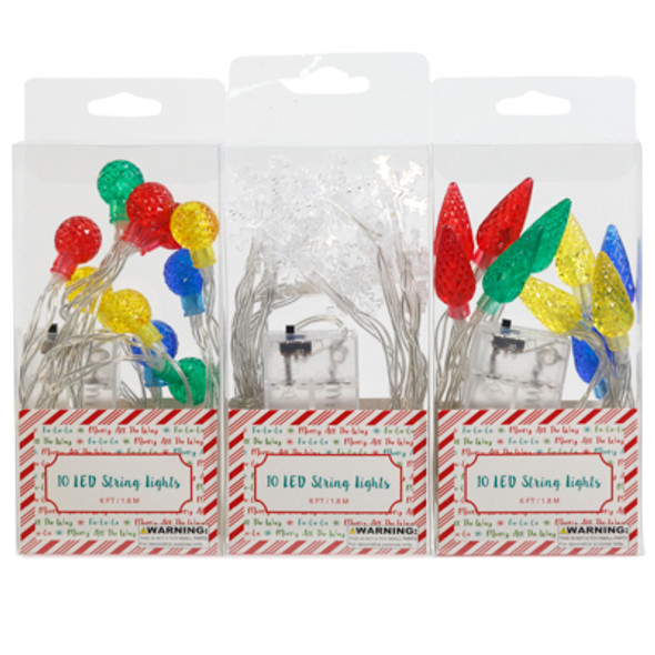 CHRISTMAS 10 LED 10 ICON STRING LIGHTS FLAKE/ BALL/ BULB 6FT/ BATT NOT INCL PEGGABLE PVC BOX