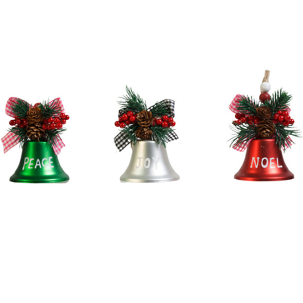 JINGLE BELL ORNAMENT W/ GREETING & PINE & RIBBON TRIM 3 ASST PEACE/ JOY/ NOEL XMAS HT