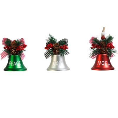 JINGLE BELL ORNAMENT W/ GREETING & PINE & RIBBON TRIM 3 ASST PEACE/ JOY/ NOEL XMAS HT