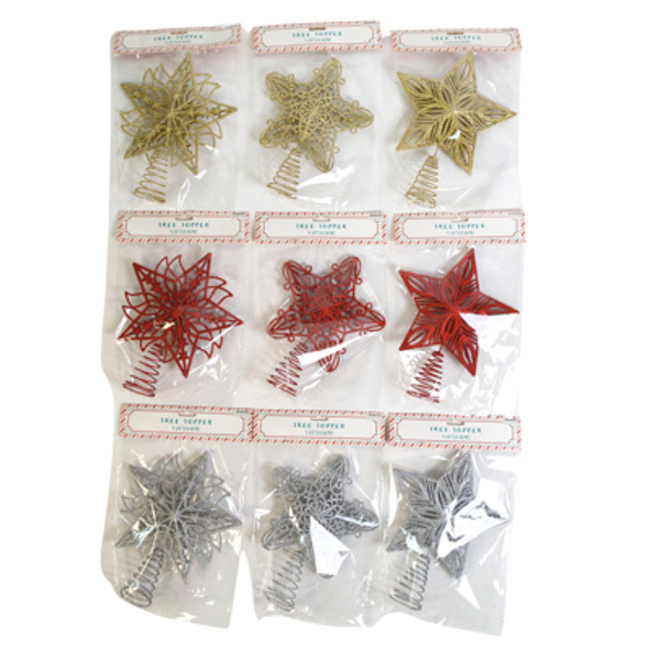 TREE TOPPER STAR 3 STYLES EA IN RED/ SILV/ GOLD XMAS PBH