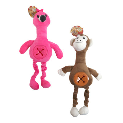 DOG TOY 15 INCH PLUSH WITH TREAT DISPENSER 2 ASSORTED MONKEY, FLAMINGO IN PDQ REF #404459
