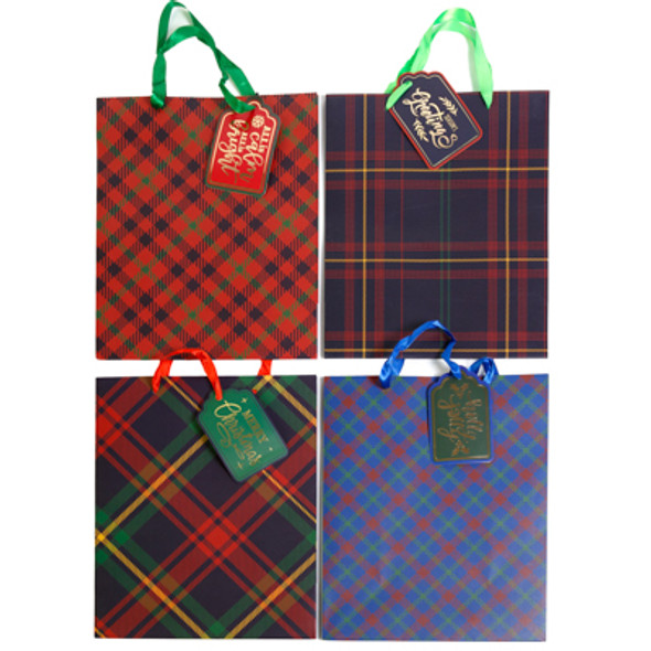 GIFT BAG CHRISTMAS LARGE 10.4 X 5.5 X 13IN 4 ASST PLAID W/ GIFT TAG 210 GSM/ UPC