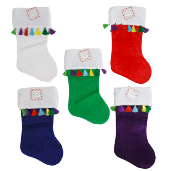 STOCKING VELVET W/ MULTI COLOR TASSEL TRIM 5 ASST COLORS WTD TO RED & GREEN