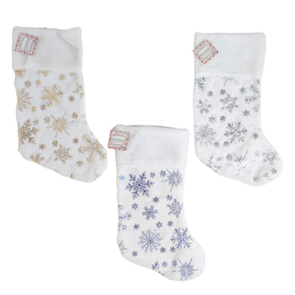STOCKING DELUXE WHITE PLUSH W/ SNOWFLAKE 18IN X 6.5IN SILV/ BLUE/ CHAMP COLOR XMAS HT/ JHOOK STOCKING DELUXE WHITE PLUSH W/ SNOWFLAKE 18IN X 6.5IN SILV/ BLUE/ CHAMP COLOR XMAS HT/ JHOOK