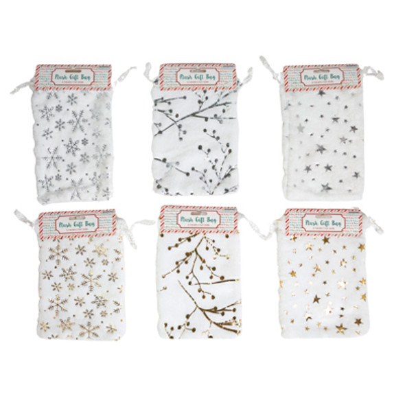 GIFT BAG WHITE PLUSH 6.7 X 8.6IN 3 STYLE HOTSTAMP PRINT/ GOLD OR SILVER XMAS HDR