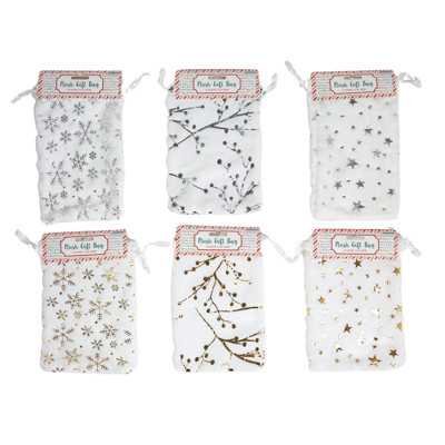 GIFT BAG WHITE PLUSH 6.7 X 8.6IN 3 STYLE HOTSTAMP PRINT/ GOLD OR SILVER XMAS HDR