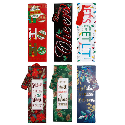 BOTTLE BAG 6 ASST XMAS 4.5 X 4.5 X 14IN RIBBON HANDLE DIE CUT TAGS UPC LAB